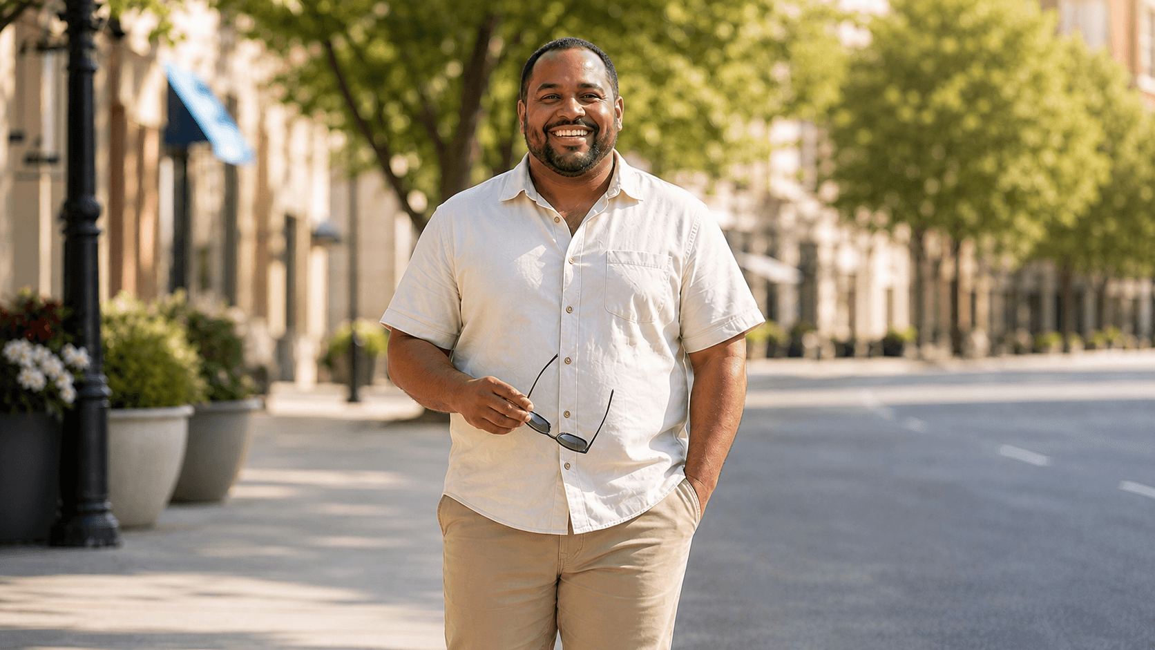 Patient walking outdoors, smiling