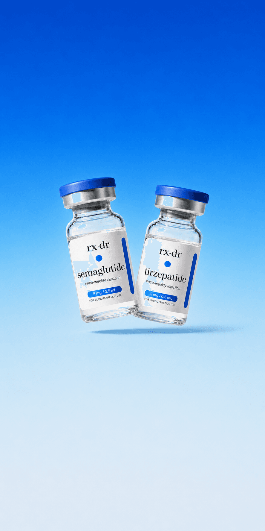 Rx-Dr semaglutide and tirzepatide vials, crossed pose